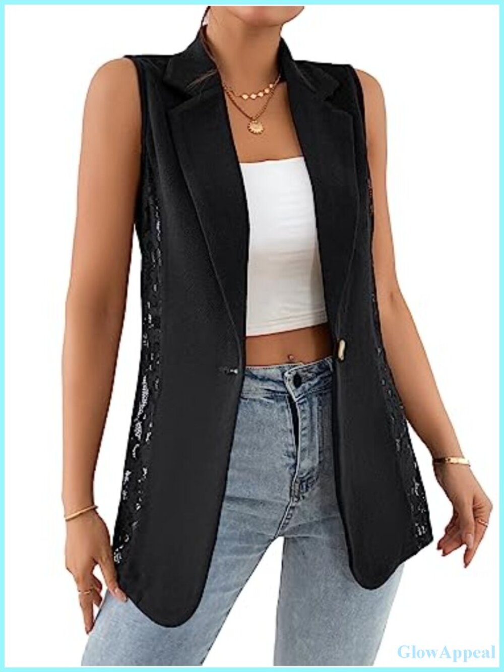 Sleeveless Lace Blazer Vest Single Button Notch Lapel Business Casual